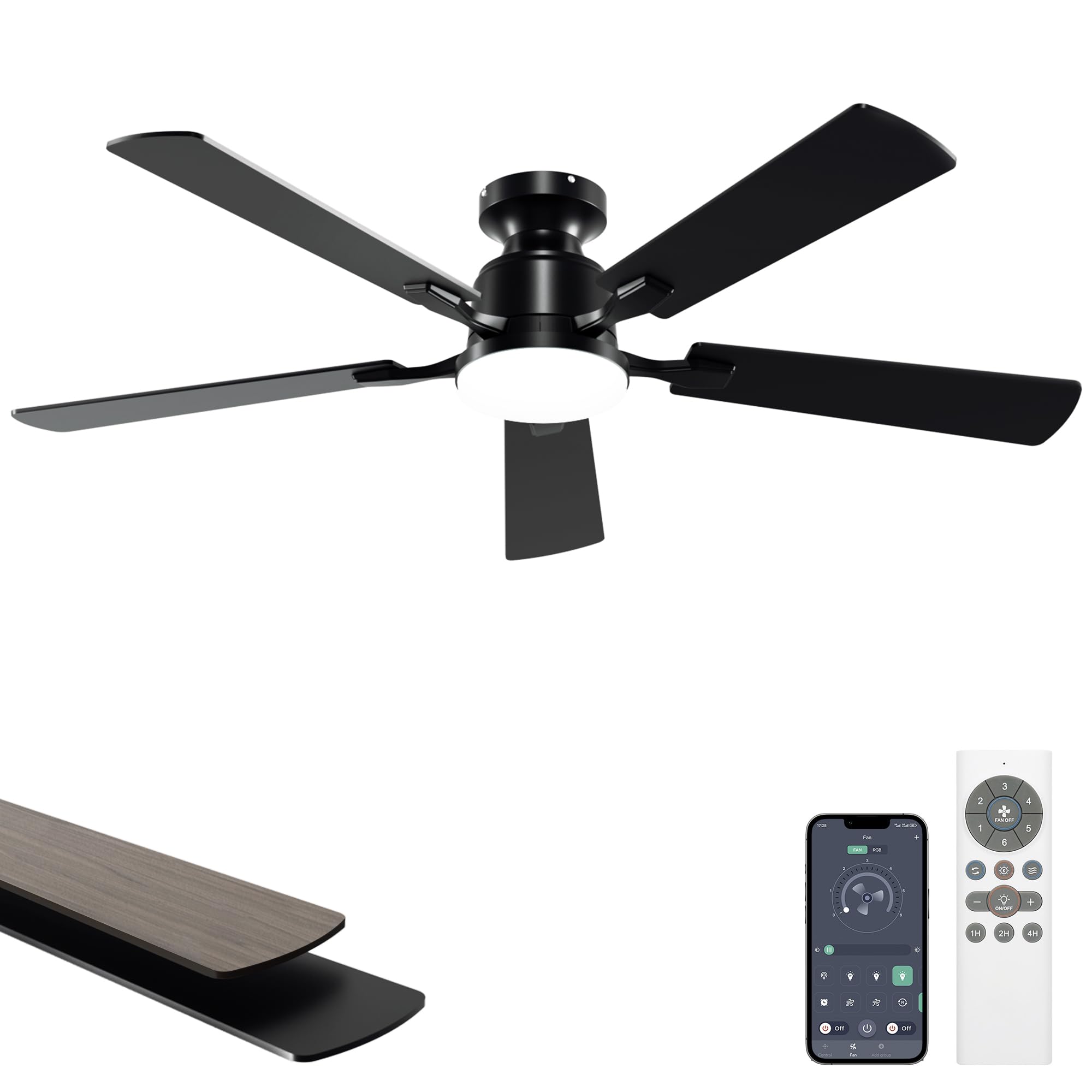 Photo 1 of VOLISUN 52 Inch Ceiling Fan with Lights Flush Mount, Low Profile Ceiling Fans with Lights, Remote&APP Control,Dimmable 22W LED Light,Queit&Reversible Fan, Black Ceilings Fans for Bedroom, Living Room