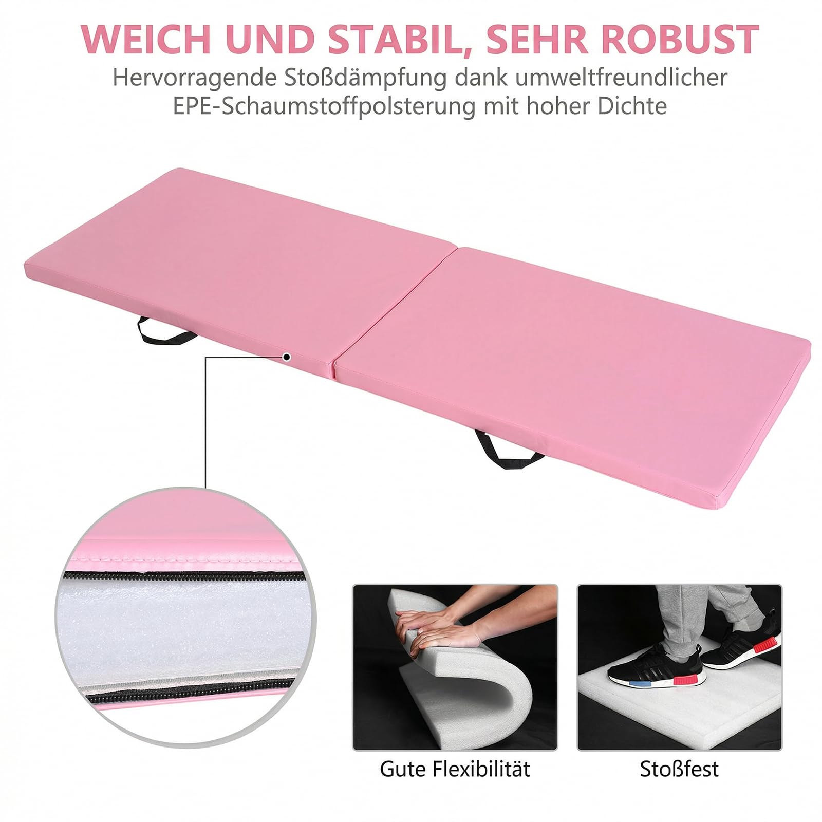 HOMCOM Trainingsmatte, Faltbare Fitnessmatte Sportmatte mit Griffen Gymnastikmatte Gymnastik Tumbling Matte für Yoga, MMA, Fitness, Pilates, Synthetikbezug, Rosa, 180 x 60 x 5 cm