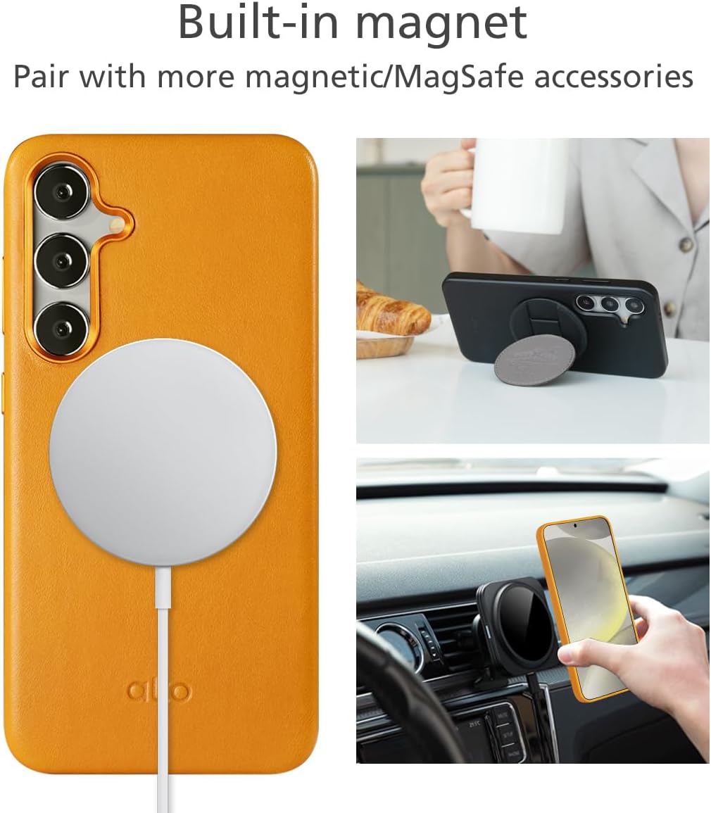 alto Magnetic Leather Case Compatible with Samsung Galaxy S24 Plus and MagSafe, CLOP Series Drop Protective Italian Leather Cover (Caramel Brown)