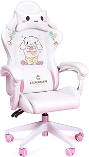 LXFTK Silla para Juegos para niñas, Silla Blanca y Rosa para Oficina en casa, Silla para computadora con Respaldo Alto Cuero de PU Silla giratoria Ajustable ergonómica ejecutiva para Carreras de PC
