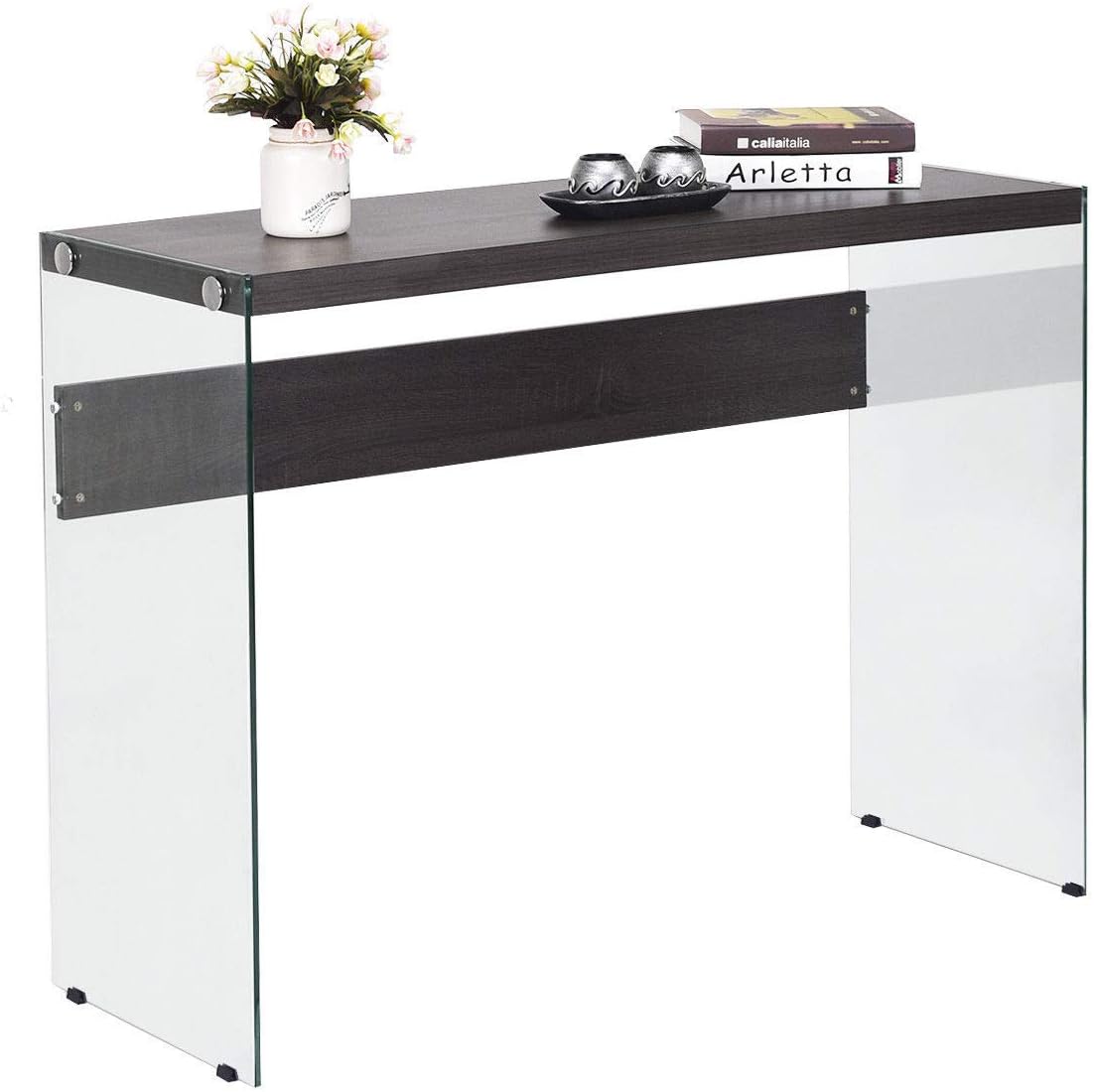 Tangkula Contemporary Console Table with Wood Top Tempered Glass Legs Entryway Hallway Living Room Home Furniture, Console Table (43.5''Lx16''Wx31.5''H)