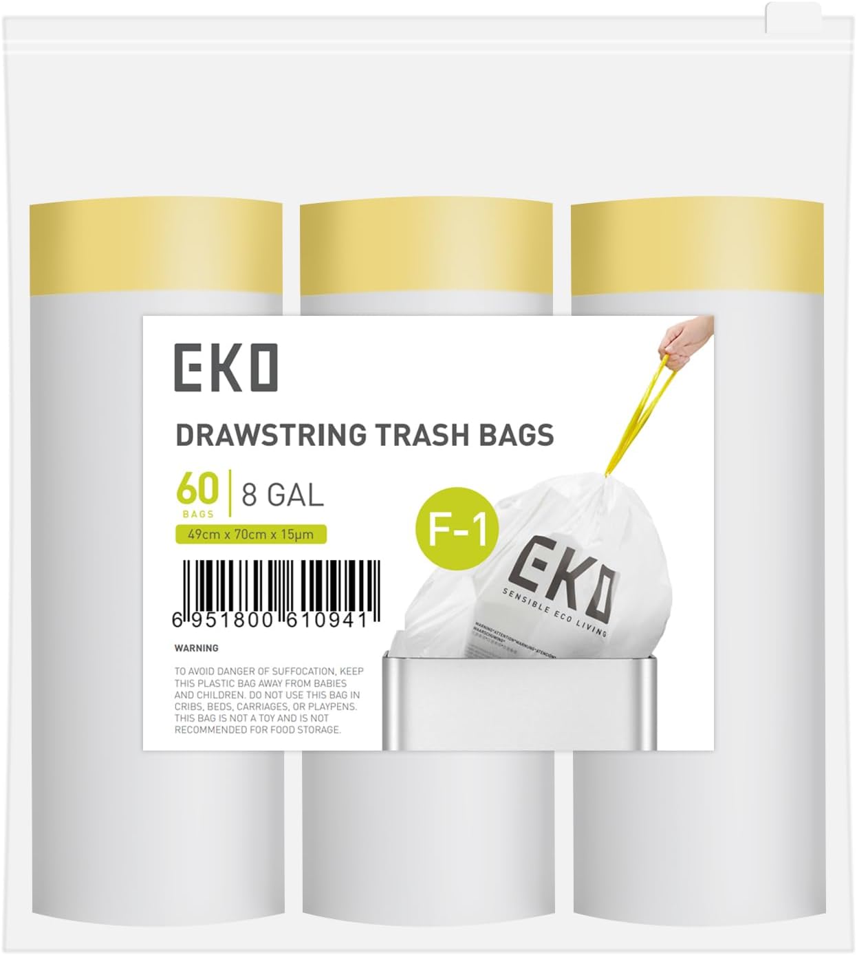 8 Gallon / 30.3 Liter, 60 Count Drawstring Trash Bags, Extra-Strong Unscented Garbage Bags, Easy-Dispense Roll for Kitchen & Household Use, Resists Tears, Leaks and Punctures, Code F-1, White