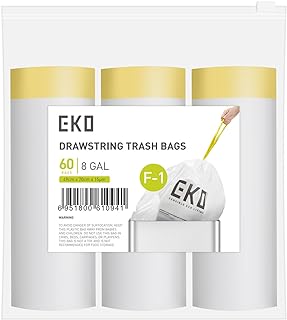 EKO 8 Gallon / 30.3 Liter, 60 Count Drawstring Trash Bags, Extra-Strong Unscented Garbage Bags, Easy-Dispense Roll for Kitchen & Household Use, Resists Tears, Leaks and Punctures, Code F-1, White