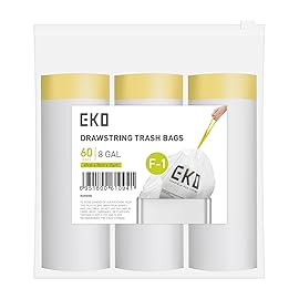 EKO 8 Gallon / 30.3 Liter, 60 Count Drawstring Trash Bags, Extra-Strong Unscented Garbage Bags, Easy-Dispense Roll for Kitchen & Household Use, Resists Tears, Leaks and Punctures, Code F-1, White