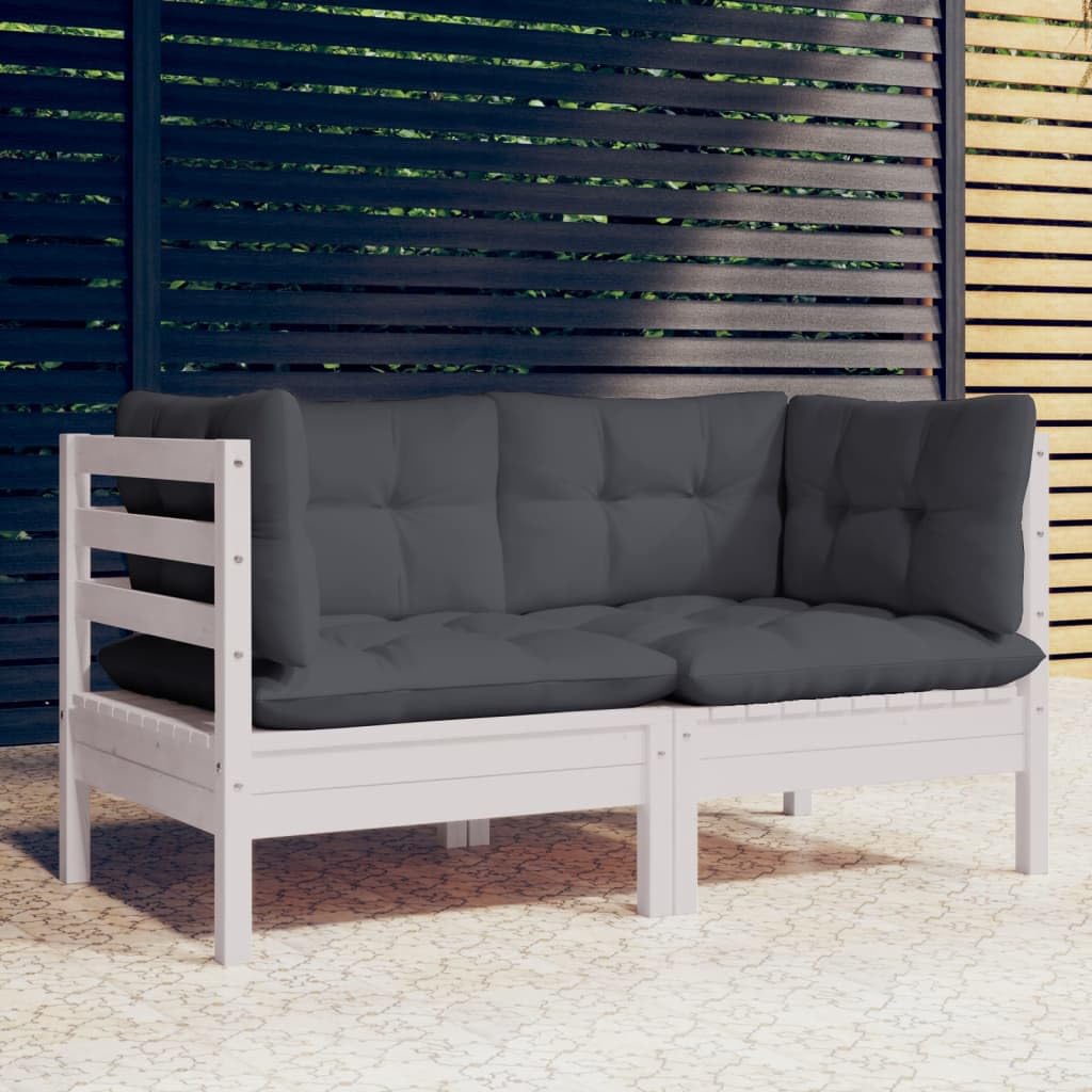 Divano da Giardino a 2 Posti, in Legno Massello di Pino con Cuscini, Design Modulare, Set Giardino Esterno, Salotto da Giardino, per Esterno e Terrazzo, Colore Bianco, 63.5x63.5x62.5 cm
