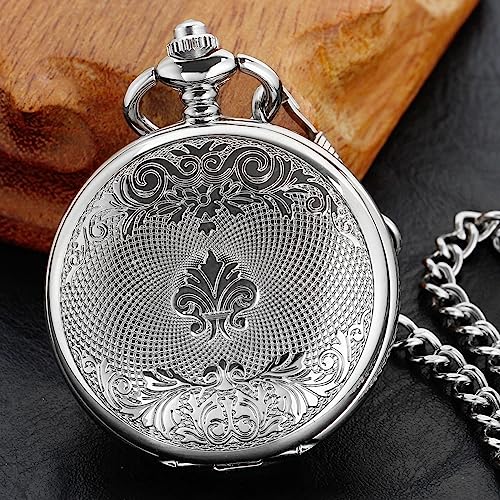 Image of Classic Silver Mechanical Pocket Watch, Roman Numerals Silver Pocket Watch with Chain Box for Men