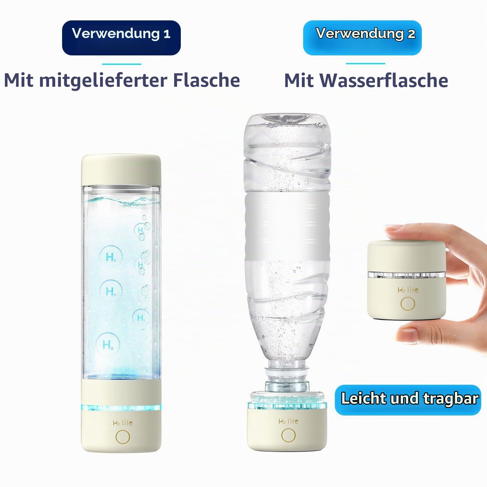 Wasserstoffwasser Wasserstoff-Wasserflasche 3000PPB wasserstoff generator wasserstoff wasser generator SPE Pem-Technologie, Tragbar, USB Wiederaufladbar (milchig weiß)