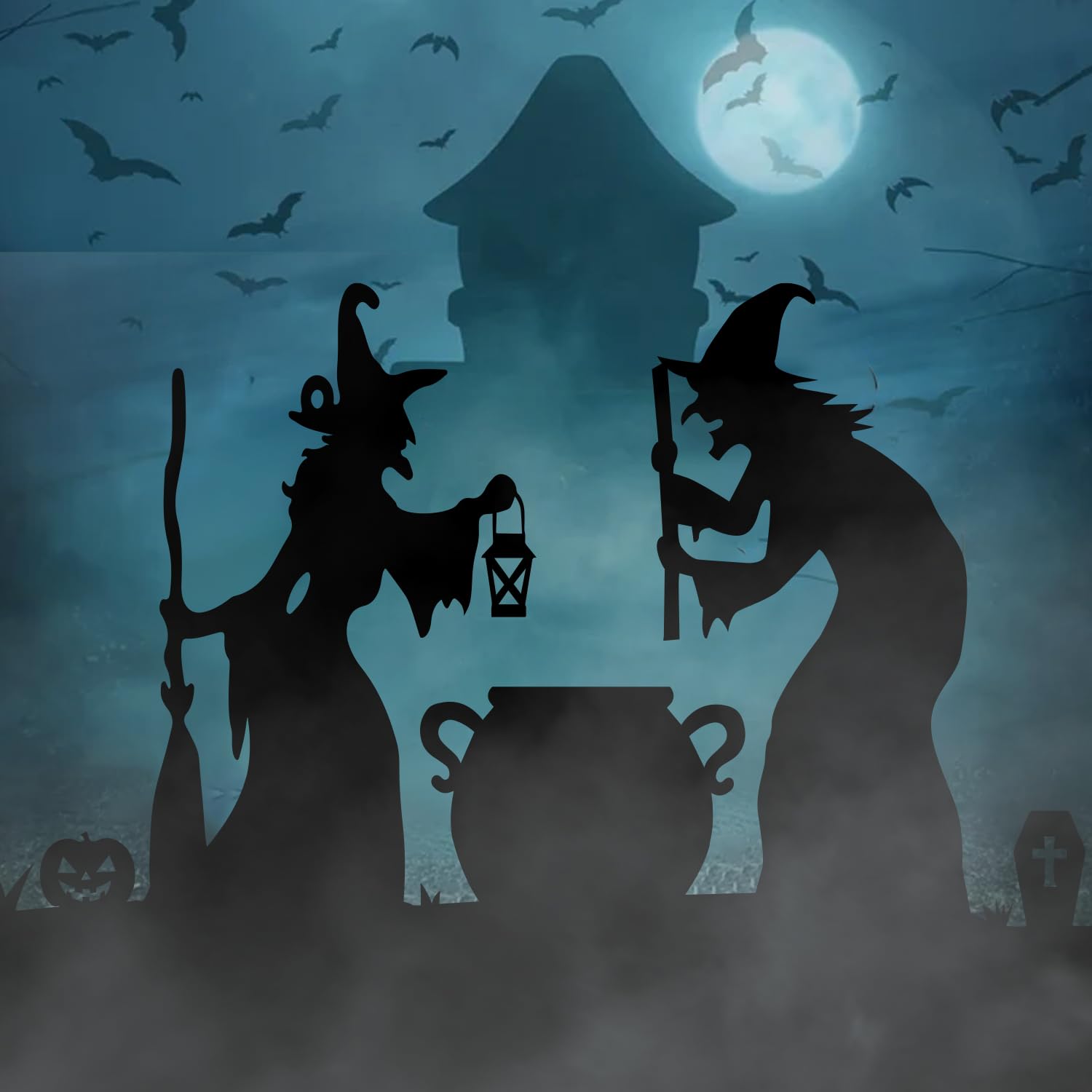 Large Halloween Witch Silhouette Decorations Outdoor, Witch Cutout Black Cat and Cauldron Set for Yard, Halloween Decor Outdoor, Scary Lawn and Party Decor, Waterproof & Easy to Install