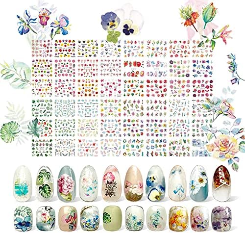48 Sheets Summer Nail Stickers - Tropical Nail Art Stickers Mixed Style Flowers Plants Roses Leaves Lilies Peony Dried Flowers Wildflower DIY Acrylic Nails Nail Decals for Nail Art