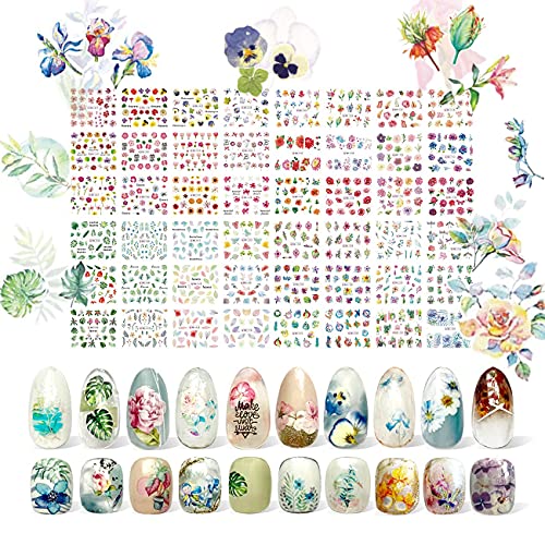48 Sheets Summer Nail Stickers - Tropical Nail Art Stickers Mixed Style Flowers Plants Roses Leaves Lilies Peony Dried Flowers Wildflower Diy Acrylic Nails Nail Decals For Nail Art #TOP24