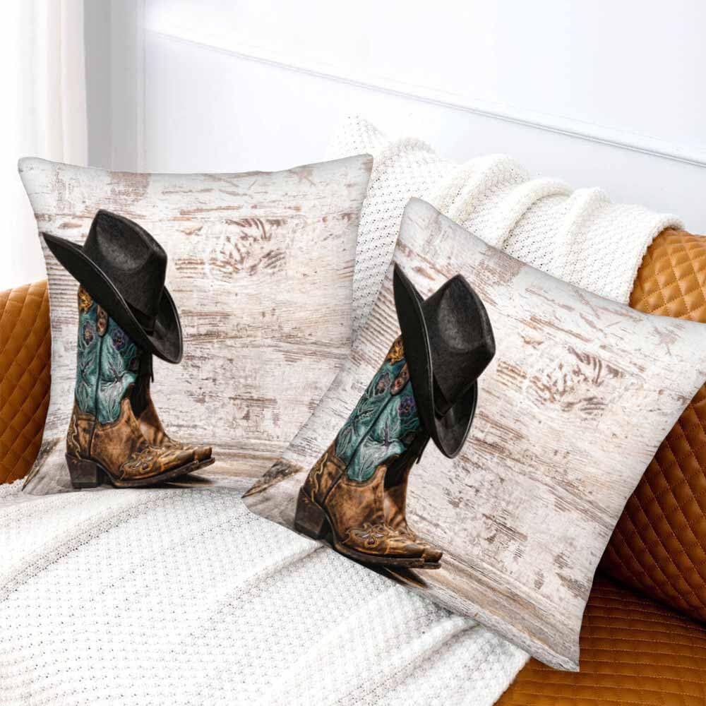 Western Cowboy Embroidered Boots Hat 18x18 Throw Pillow Covers Set of 2 American West Rodeo ATOP Fashion Leather Cushion Pillow Cases Square Outdoor Decorative Home Bed Sofa Couch Office - Image 2