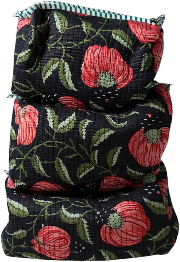 Cotton Hand Block Floral Print Toiletry Bag For Women Make Up Cosmetic Bag Jewelry Organizer Kit Storage Bag Case Travel Accessories Essentials Toiletries Purse Open Pouch set of 3 gift of her
