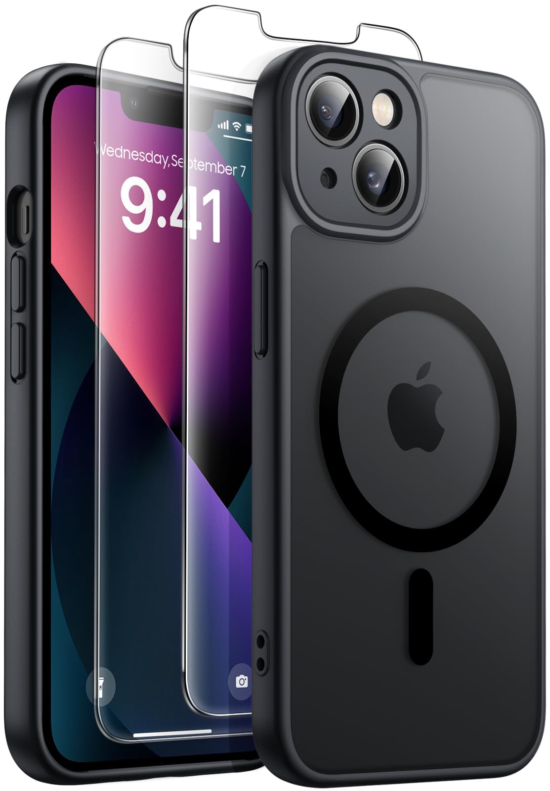 FLLAO Magnetica Cover per iPhone 13, Nero | Compatibile con MagSafe, con 2 Pezzi Vetro Temperato Pellicola, Protezione Fotocamera, Custodia Traslucida Opaca Antiurto