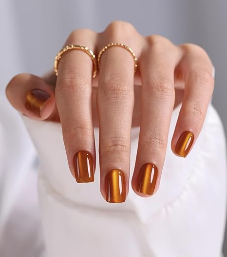 Burnt Orange Cat Eye Fall Press On Nails Short- GJZEZ Amber Yellow Soft Gel Thanksgiving Square Cateye Magnetic Glass Nails Press Ons, Halloween Glue On Nails | 16 Sizes - 32 pcs Reusable Nail