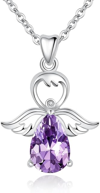 AEONSLOVE Amethyst Crystal Necklace For Women 925 Sterling Silver Angel Wing Guardian Angel Pendant Necklace Personalised Jewellery Gifts for Wife Mum Girlfriend Ladies Mother's Day