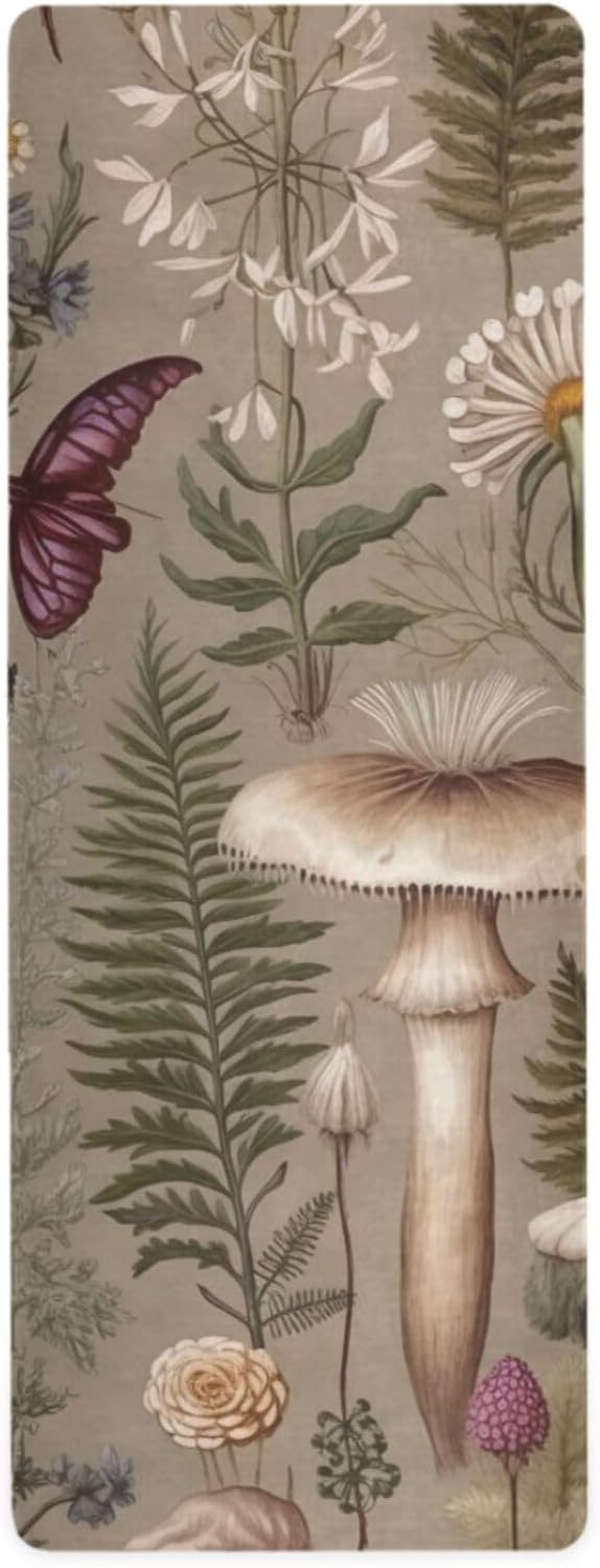 Plants & Mushrooms Yoga Mat for Women Men 71" x 26" Non Slip Exercise & Fitness Mat 1mm Thick Workout Mat for Yoga, Pilates, Come with Storage Bag