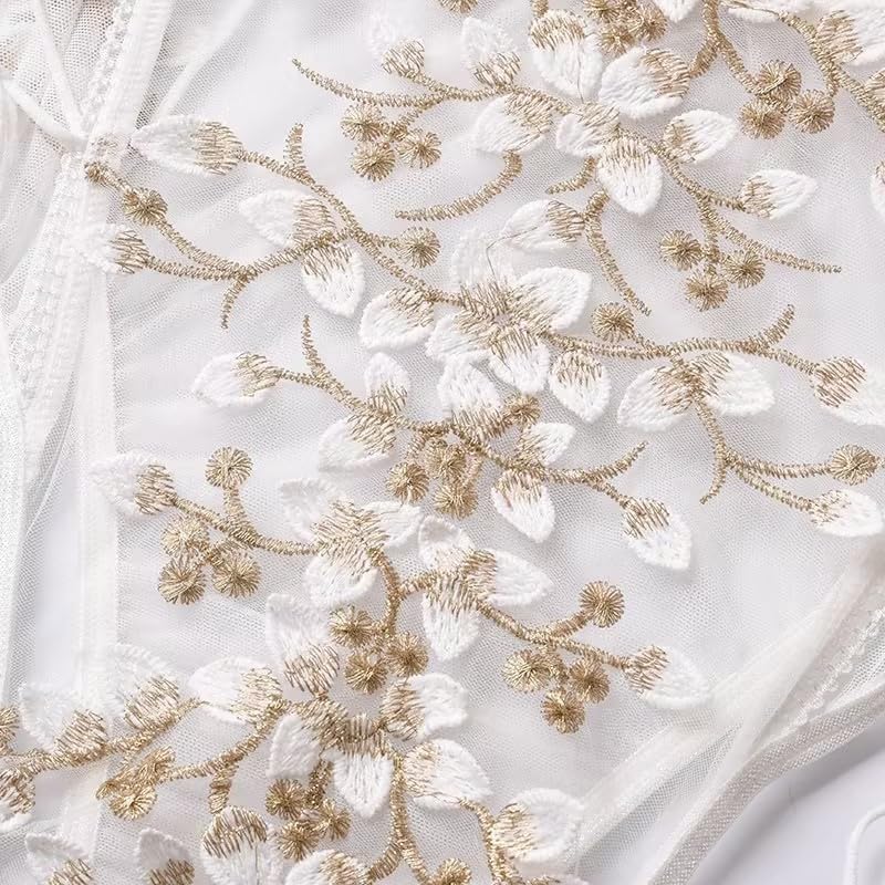 Lilosy Women Sexy Lace Up Floral Embroidered Teddy Lingerie Bodysuit Top Mesh Sheer One Piece: Small White