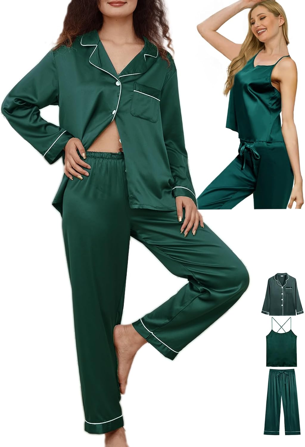 Womens 3Pcs Silk Satin Pajamas Long Set Sexy Cami Top Pajama Sleepwear Silky Pj Sets Loungewear Pjs XS-4XL