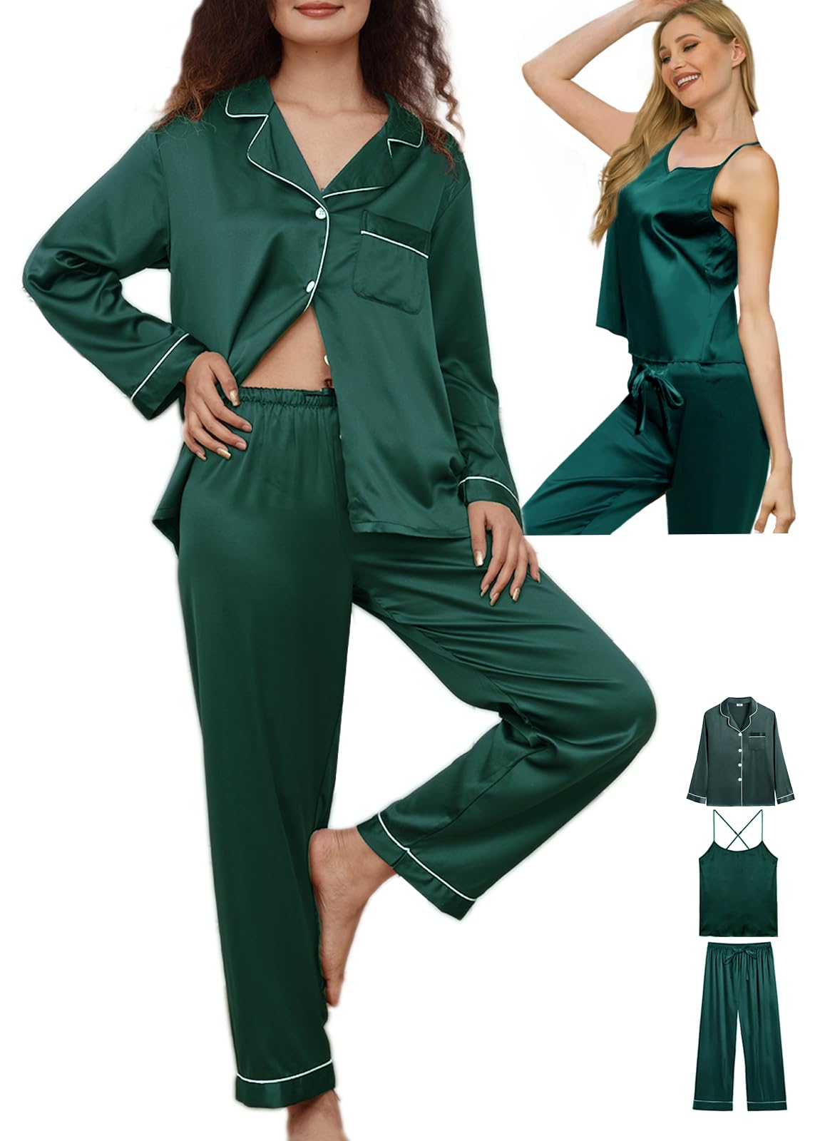 WJing Yi Jia Womens 3Pcs Silk Satin Pajamas Long Set Sexy Cami Top Pajama Sleepwear Silky Pj Sets Loungewear Pjs XS-4XL