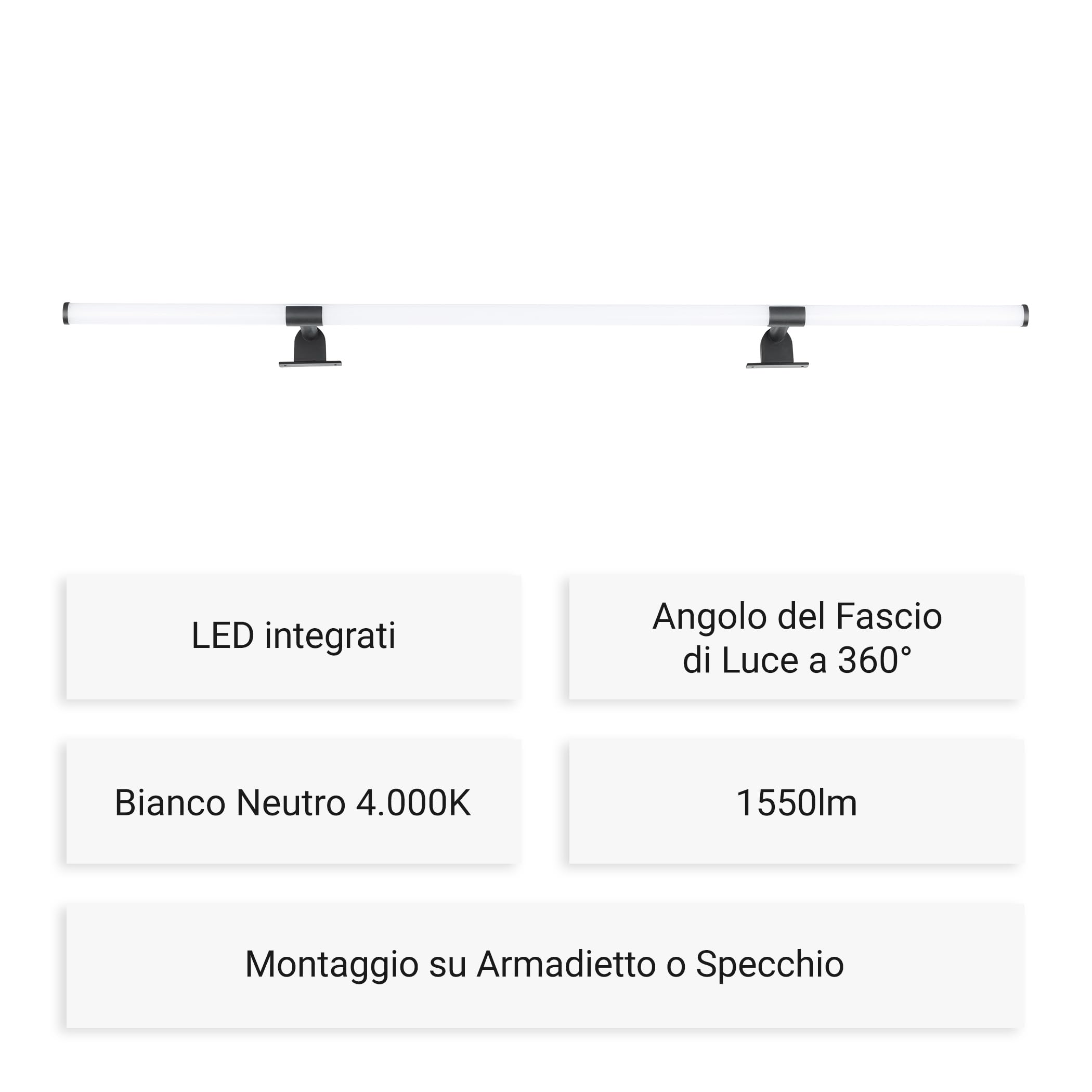 SEBSON LED Luce Specchio Bagno 120cm IP44 - Bianco Neutro 4000K 12W 1550lm | Montaggio su Mobile, Luce a Morsetto - Lampada Specchio 360° - 1200x117x50mm