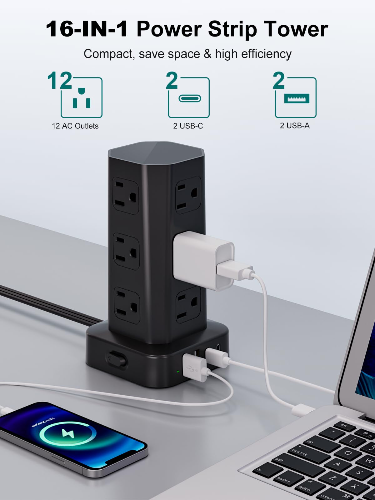 Protector de sobretensiones de torre, cable de extensión de enchufe plano de 6 pies con múltiples tomas, 12 salidas de CA, 4 USB (2 USB C), estación de carga de computadora con protección contra