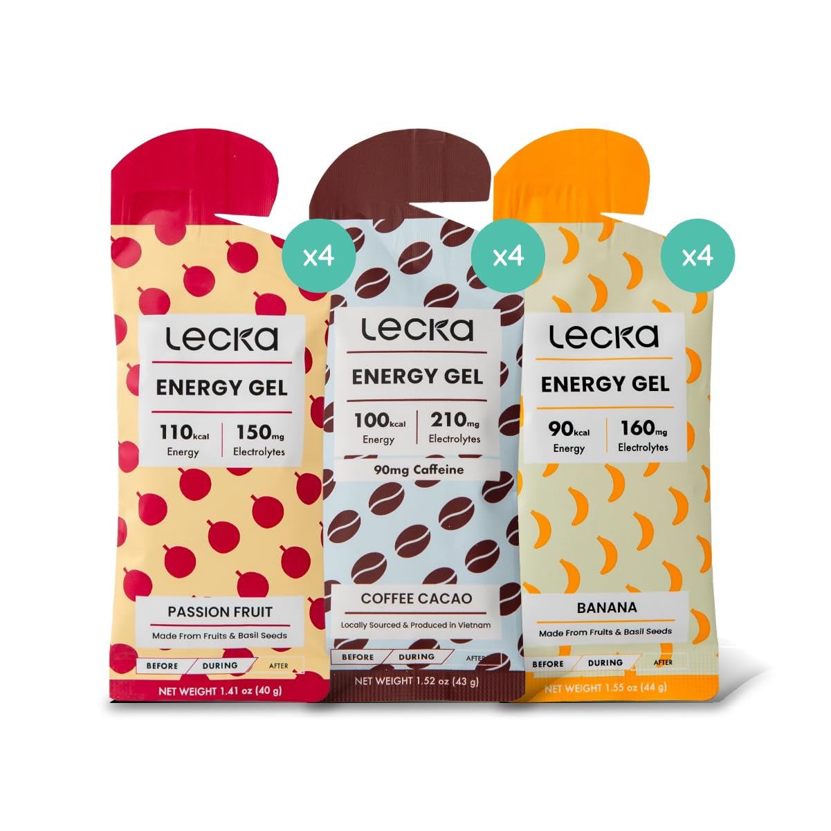 Lecka Natural Energy Gels – Maltodextrin-Free Running Fuel for Sensitive Stomachs – 27g Carbs from Real Fruit &amp; Basil Seeds – High-Electrolyte Marathon &amp; Ultra (Variety Pack - 3 Flavor, 12 Pack)
