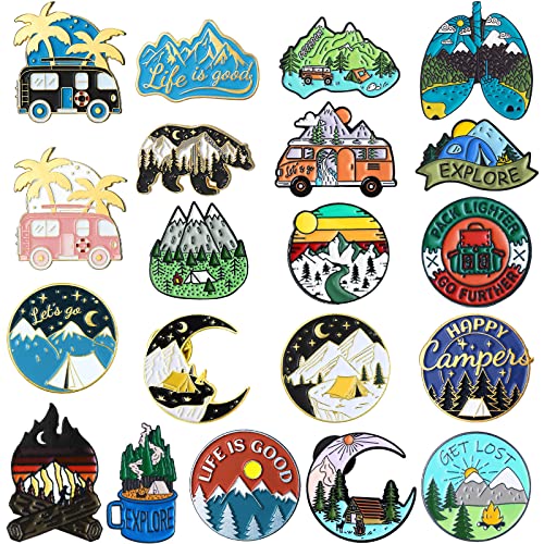 Janinka 20 Pcs Camping Enamel Pins Adventure Outdoors Pins Set Mountain Backpacking Funny Camping Brooch Bulk Nature Button Vintage Lapel Brooch Cute Mini Gift for Women Men Jackets Clothes Cap