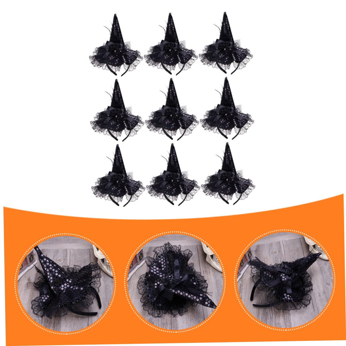 9 Pezzi Cerchietto per Chioma Halloween Cappello da Strega Nero Leggero Pizzo e Paillettes, Accessorio Cosplay per Feste e Party Costume