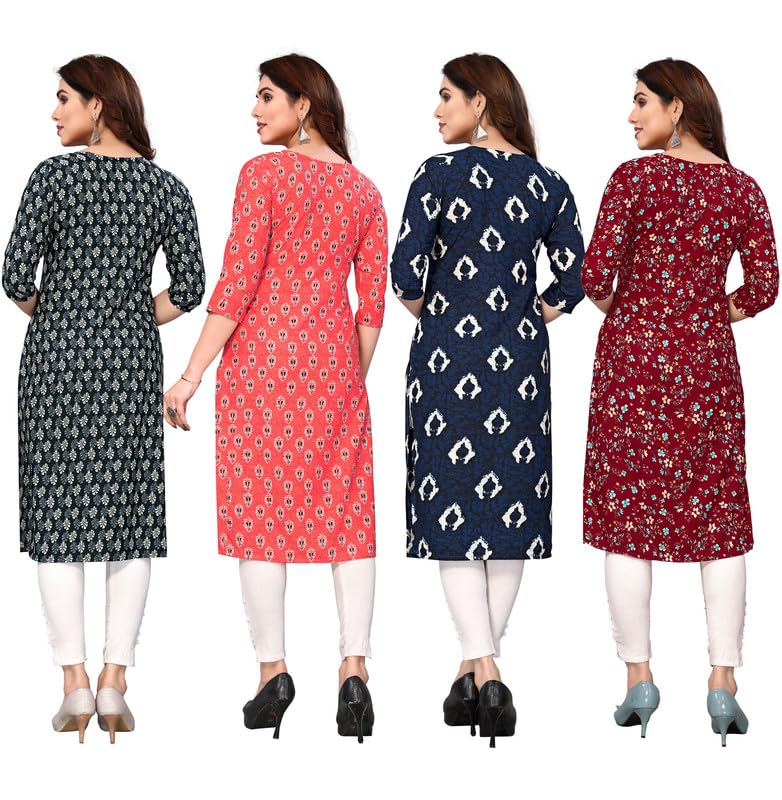 Image of JAKHANA Women's Crepe Printed Casual Straight Calf Length Round Nick Kurta Pack of 4