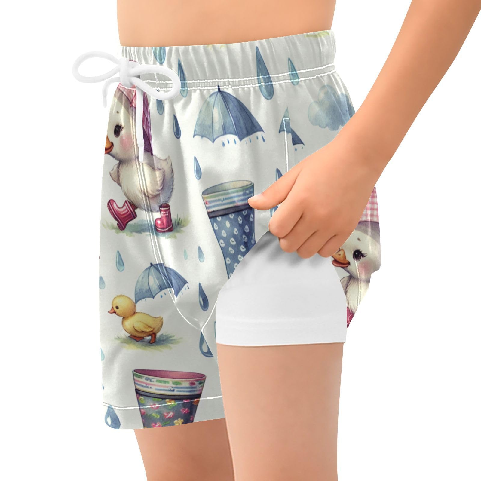 YANENDIE Boy Swim Trunks with Compression Liner Rain Duck Watercolor Boys Swim Shorts Quick Dry Beach Shorts