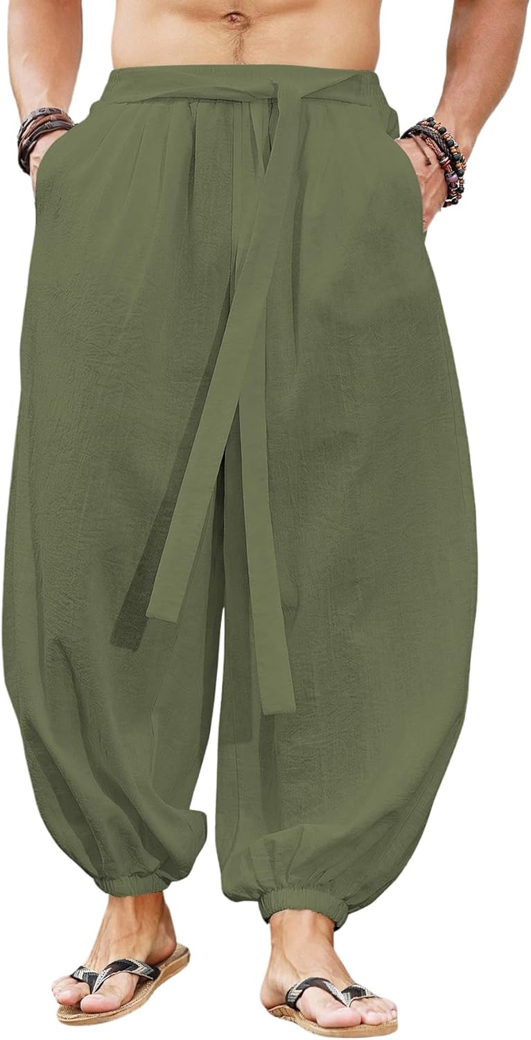 OYOANGLE Men's Harem Pants with Pocket Baggy Aladdin Hippie Loose Fit Elastic Waist Wide Leg Japanese Pants