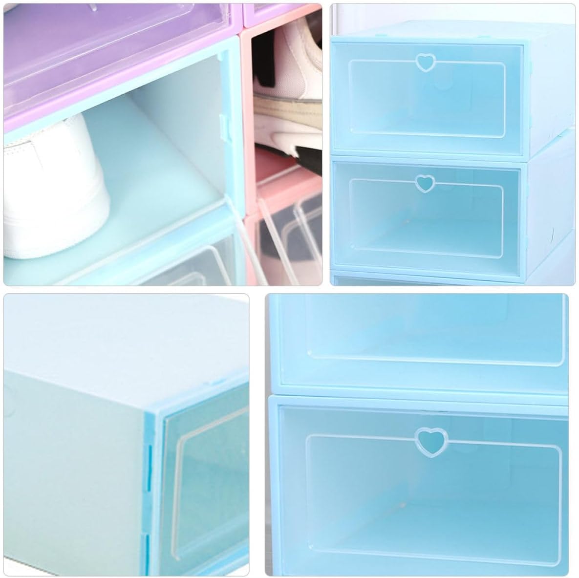 6pcs Plastic Drawer Shoe Storage Boxes for Women 31x21.5x12.5cm, Large Capacity Creative Shoes Organizer in Blue Heart Design for Closet and Entryway