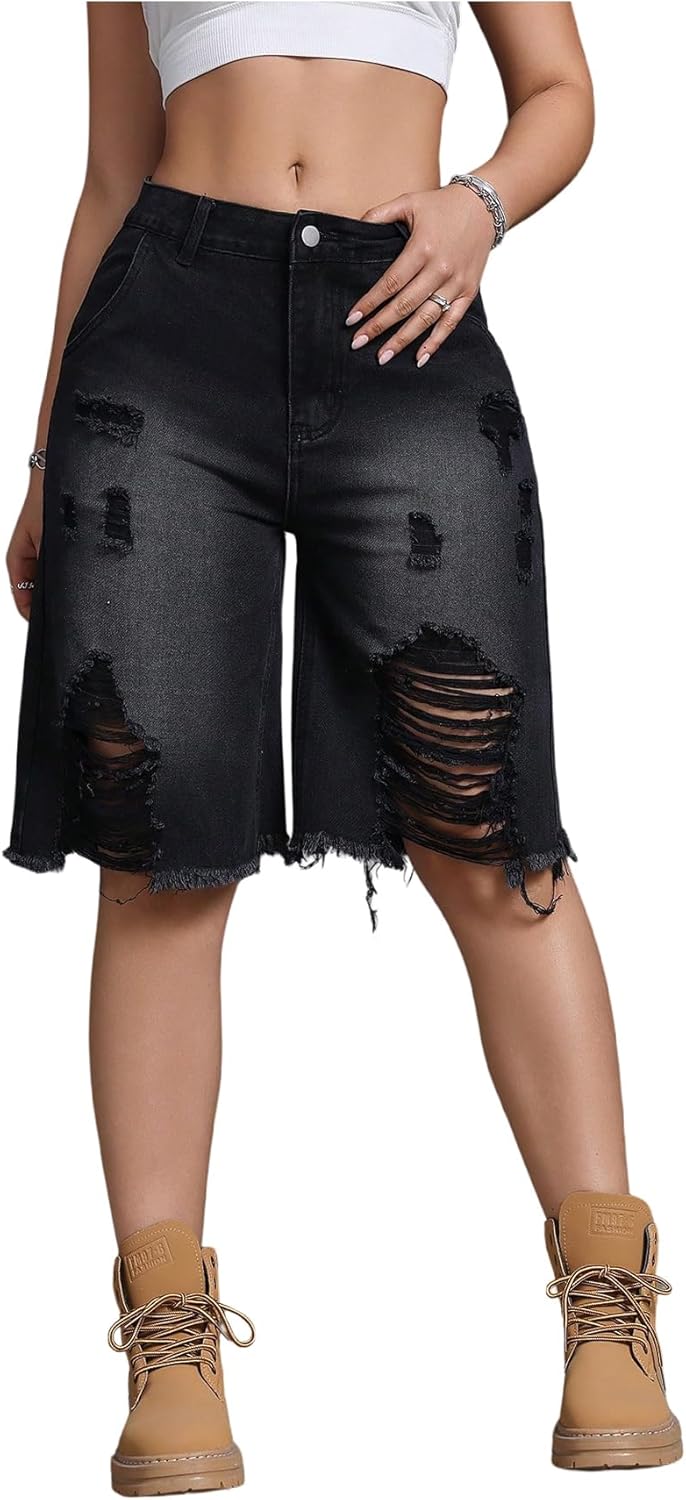 SOLY HUX Women's Ripped Denim Shorts Y2k Distressed Wide Leg Raw Hem Summer Bermuda Shorts