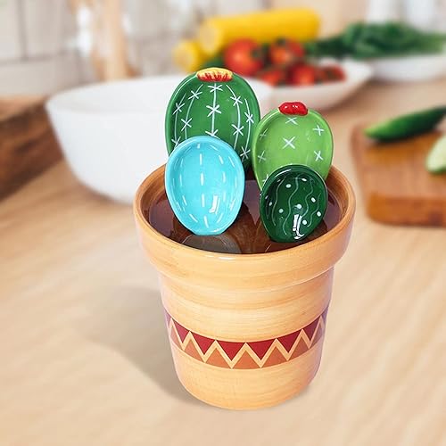 Miniatura 5 de Juego de cucharas medidoras de cactus en maceta, juego de cucharas medidoras con base, cucharas medidoras de cactus de cerámica para hornear, sal,
