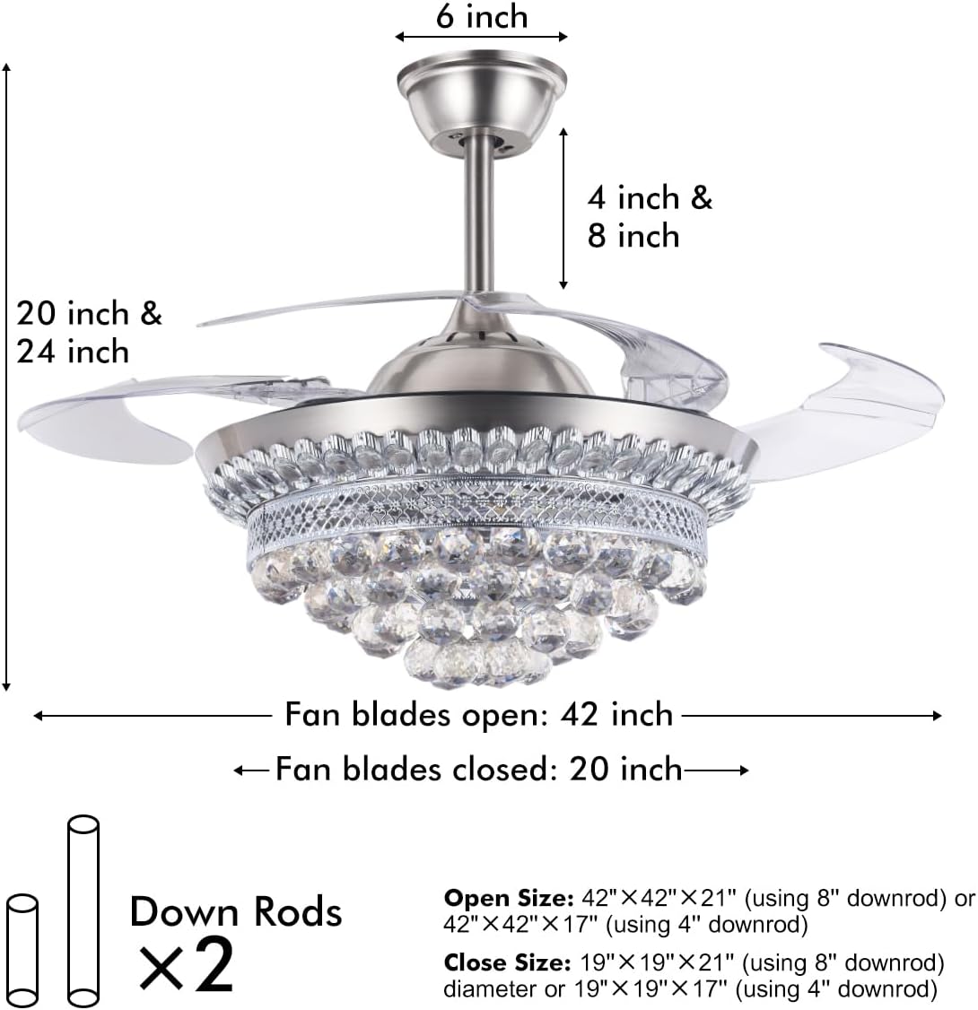BIGBANBAN 42" Crystal Ceiling Fan with Light Remote Control, Silver Retractable Chandelier Fan 3 Colors LED Light 3 Speeds Modern Fandelier Chandelier for Living Room Bedroom