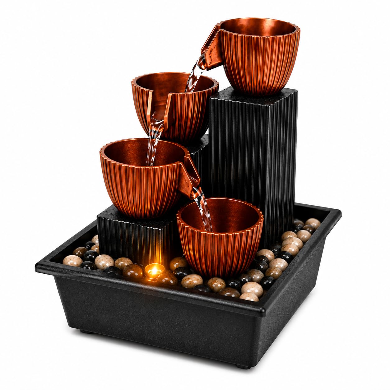 Premium Tabletop Water Fountain with LED Light | 3-Tier Indoor Waterfall Fountain with Natural Pebbles | USB Powered | Relaxing Water Flow, Compact Tabletop Fountain for Home,Office & Bedroom-image-3