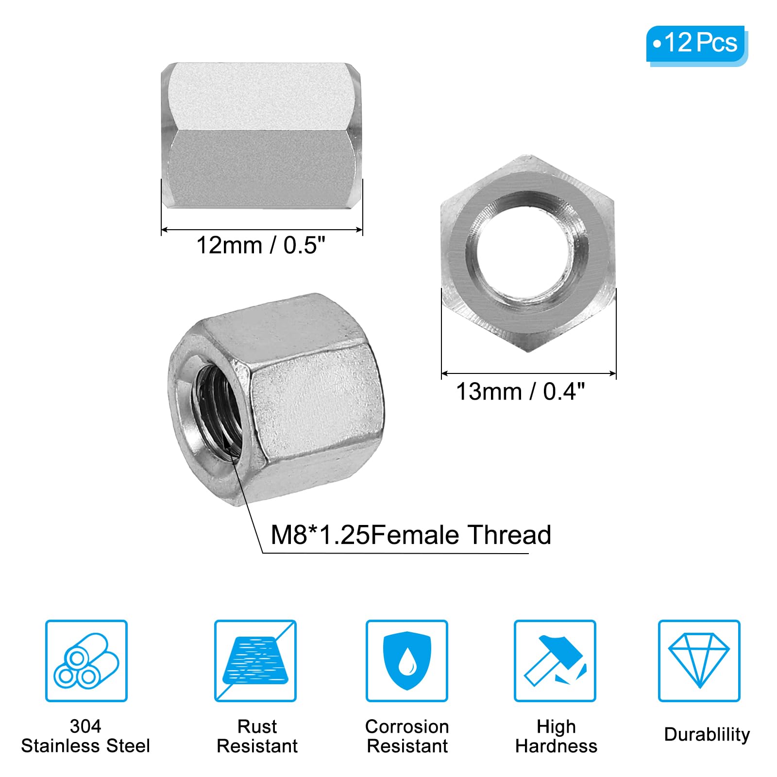 PATIKIL M8 x 1.25-Pitch 304 Stainless Steel Hex Coupling Nuts - Image 2