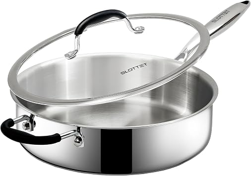 SLOTTET Tri-Ply Stainless Steel Saute Pan with Lid, 5 Quart Deep Saute Pan with Stay Cool Handle,11.5 Inch Frying Pan,Dishwasher and Oven Safe,Induction Stainless Steel Cookware