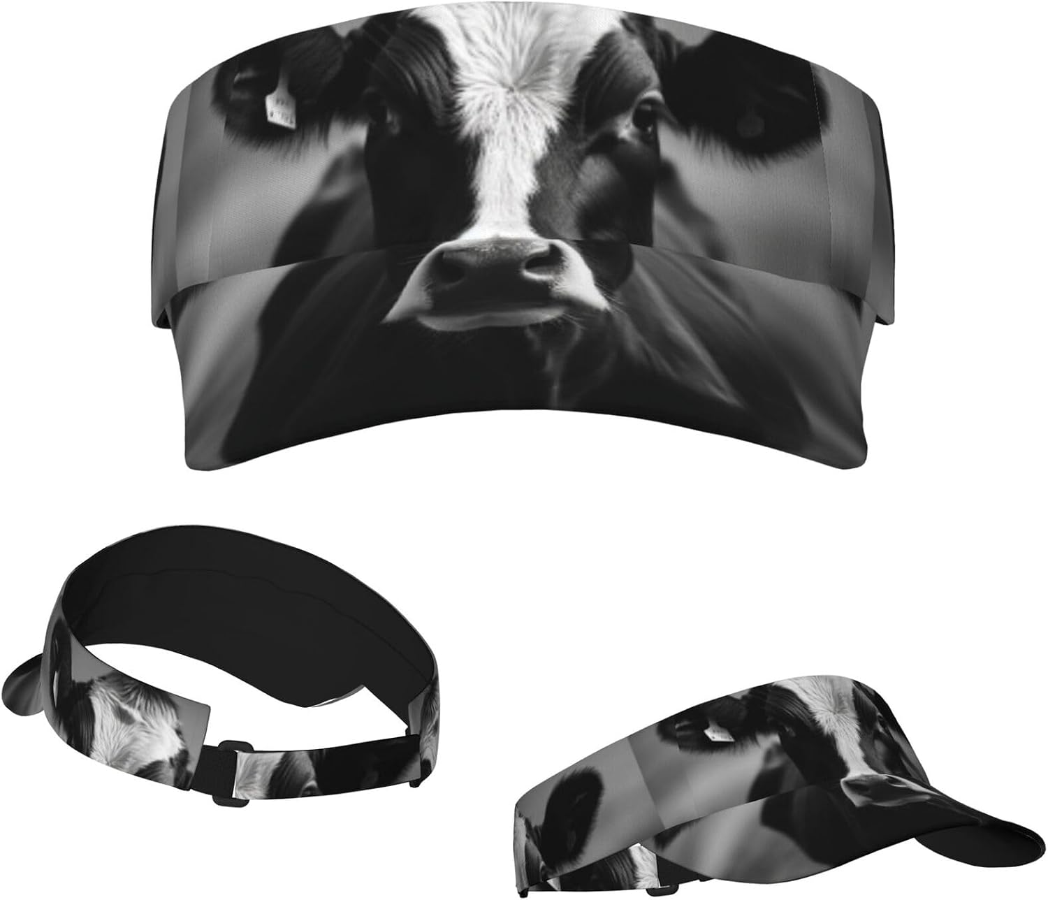 Black White Cow Face Sports Sun Visor Hats Empty Top Baseball Cap Summer Tennis Golf Visor Caps for Women Men