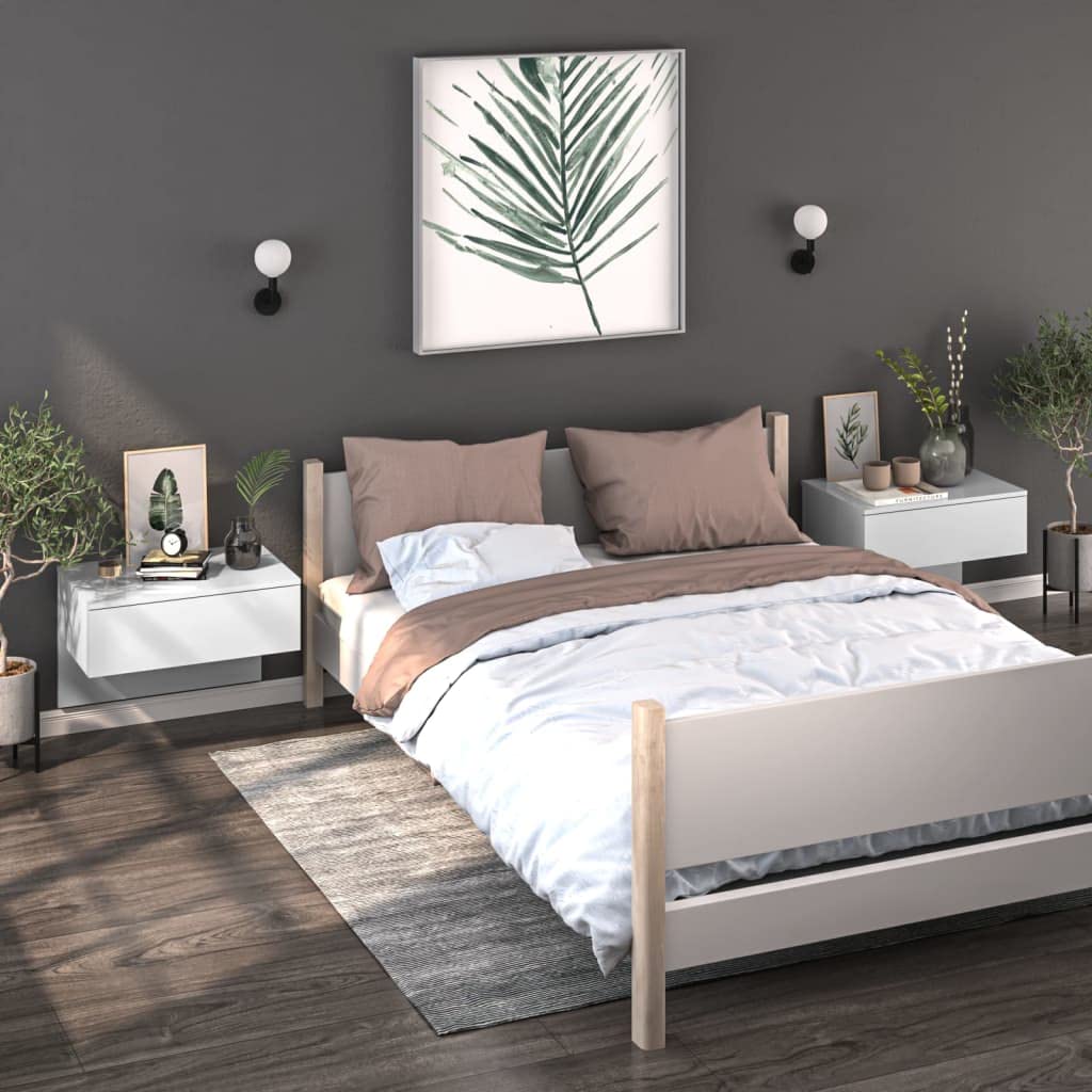 Coavain 2 Pcs Blanco con Brillo Mesilla de Noche de Pared Contrachapada 60x40x40 cm Night Stand Bedside Table Mesilla Flotante Mueble con Cajones Mueble Dormitorio Mesota Noche Mesitas Dormitorio
