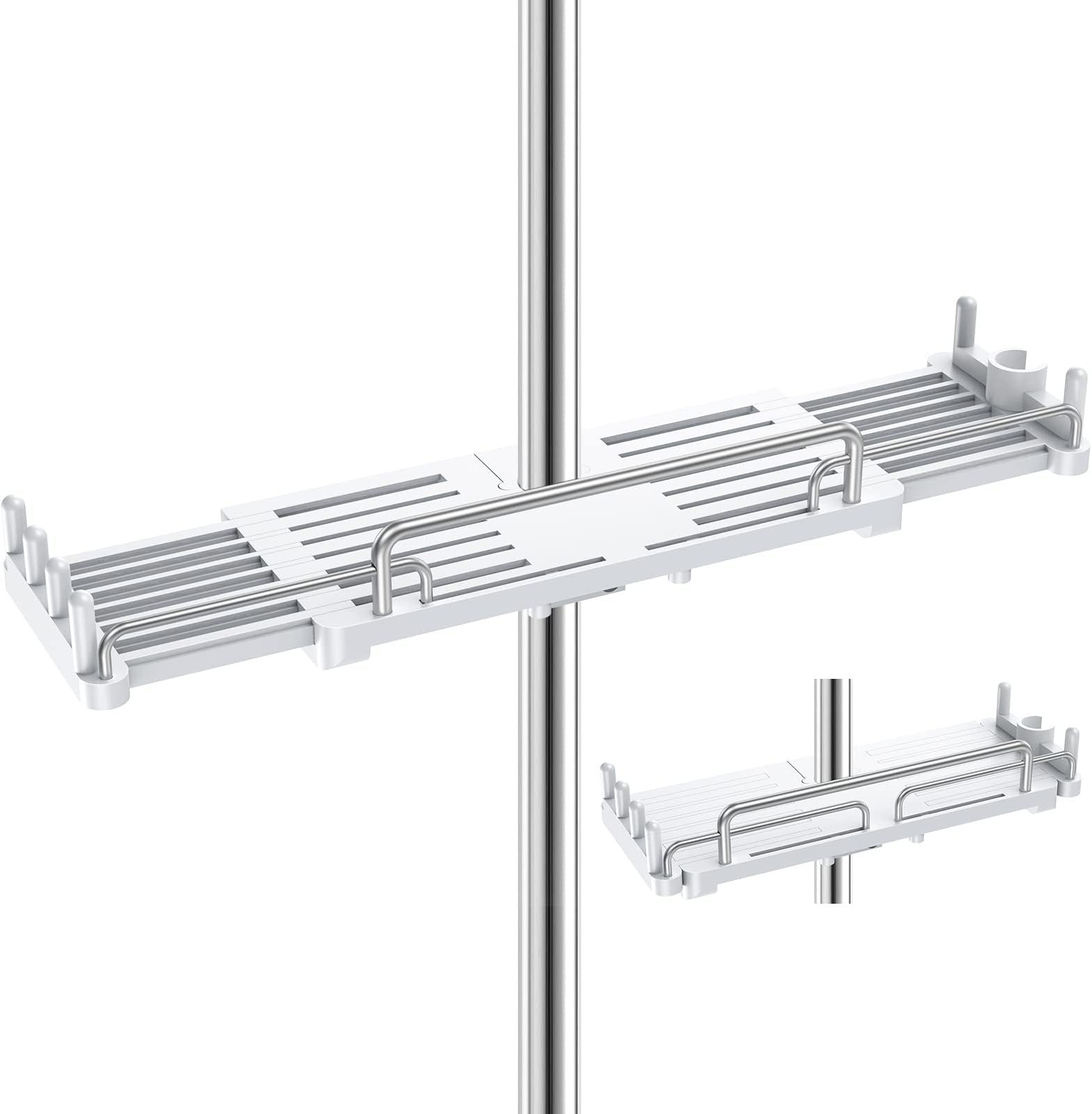 Shower Shelf Hanging, Shower Caddy No Drill Shower Rail Shelf Shower Holders Double Storage for Soap Shampoo Suit 18mm-25mm Shower Rail Length Adjustable (28-44cm), White (TY-K01)