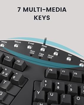 لوحة مفاتيح Perixx PERIBOARD-512B سلكية مريحة - لوحة مفاتيح مقسمة، مسند معصم، كتابة طبيعية - اتصال USB سلكي - إنجليزي أمريكي - أسود