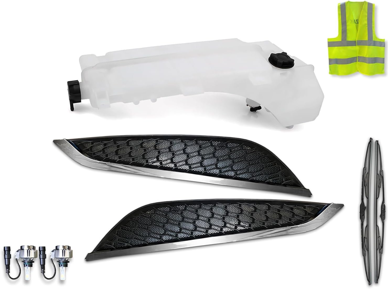 KOZAK Overflow Coolant Reservoir Tank with Cap and Sensor Direct Replacement (22564837) + Chrome Air Hood Vents Grille SET Compatible with Volvo VNL 2018+ PLUS Logo, Wipers, 2x 12V LED Bulbs and Vest