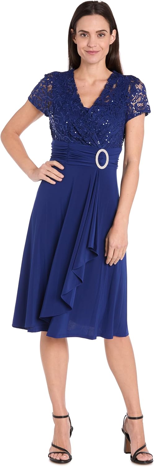 R&M Richards Women's Embellished Cascade Faux Wrap Dress