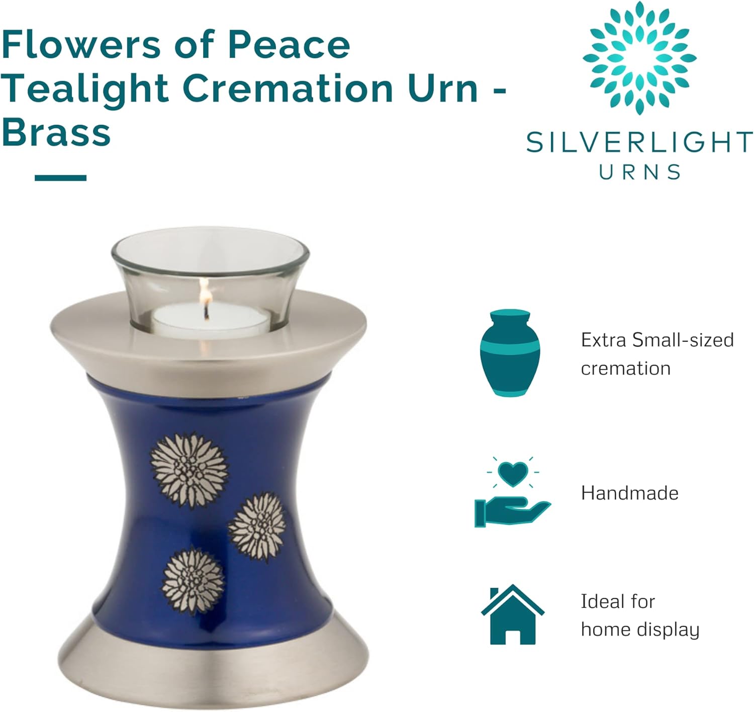 Flowers of Peace Tealight Urn for Ashes - Blue, Brass Memorial Candle Urn, Extra Small, 5.5 Inches High