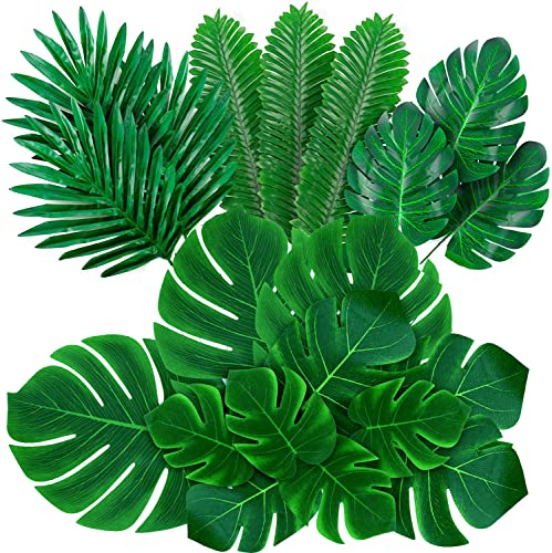 84 Pieces 6 Kinds Artificial Palm Leaves with Faux Monstera Leaves Stems Tropical Plant Simulation Safari Leaves for Hawaiian Luau Party Jungle Beach Theme Party Table Leave Decorations
