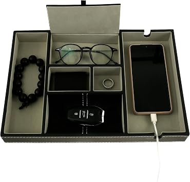 NIHUIFDPY Leather Valet Tray 6 Compartment Bedside Table Organiser Nightstand Organizer Tray for Men Father Entryway Catchall Holder for Store Wallets, Phones, Jewellery, Coins, Watches, Cosmetics
