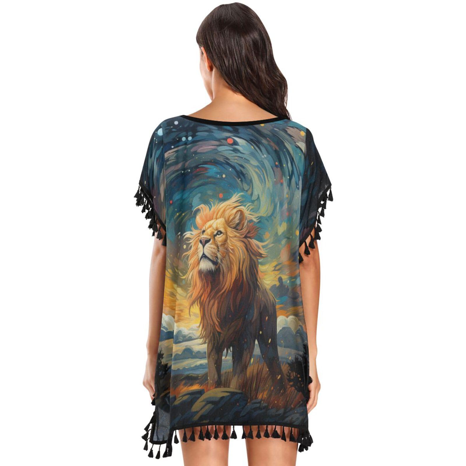 KAAVIYO Artwork Moon Lion Women's Beach Cover Up Chiffon Tassel Swimwear Swimsuit Coverups for Girl