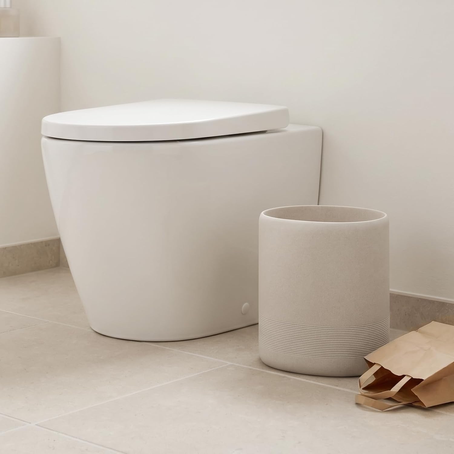 Bathroom Trash Can, 1.6 Gallon Small Trash Can Cabinet, Simple Stone Look Oval Office Garbage Bin, Decorative Waste Basket for Bedroom, Living Room, Kitchen (Beige)