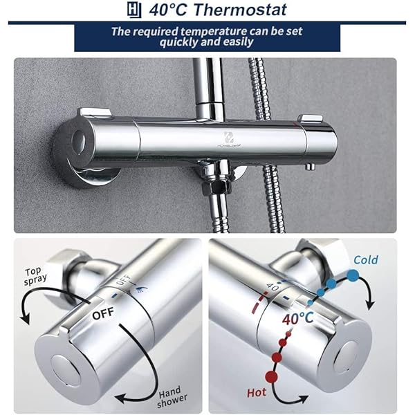 Homelody Sistema de ducha con termostato, juego de ducha cromado con efecto de lluvia, incluye barra de ducha de mano ajustable